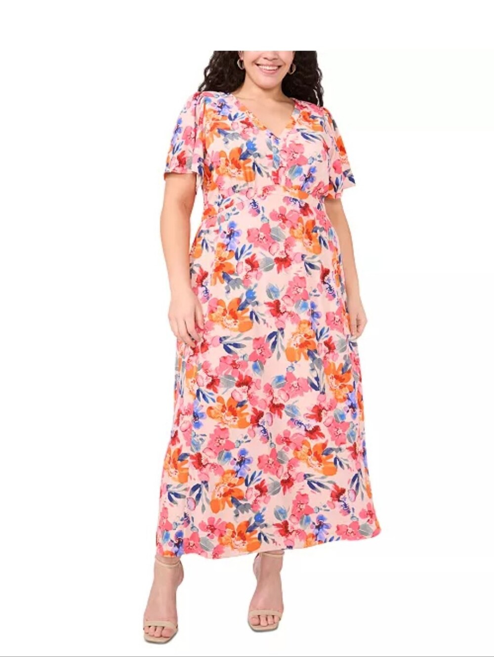 MSK NWT Floral Cotton Linen Maxi Dress 1X Flutter Sleeve Pink Plus $99